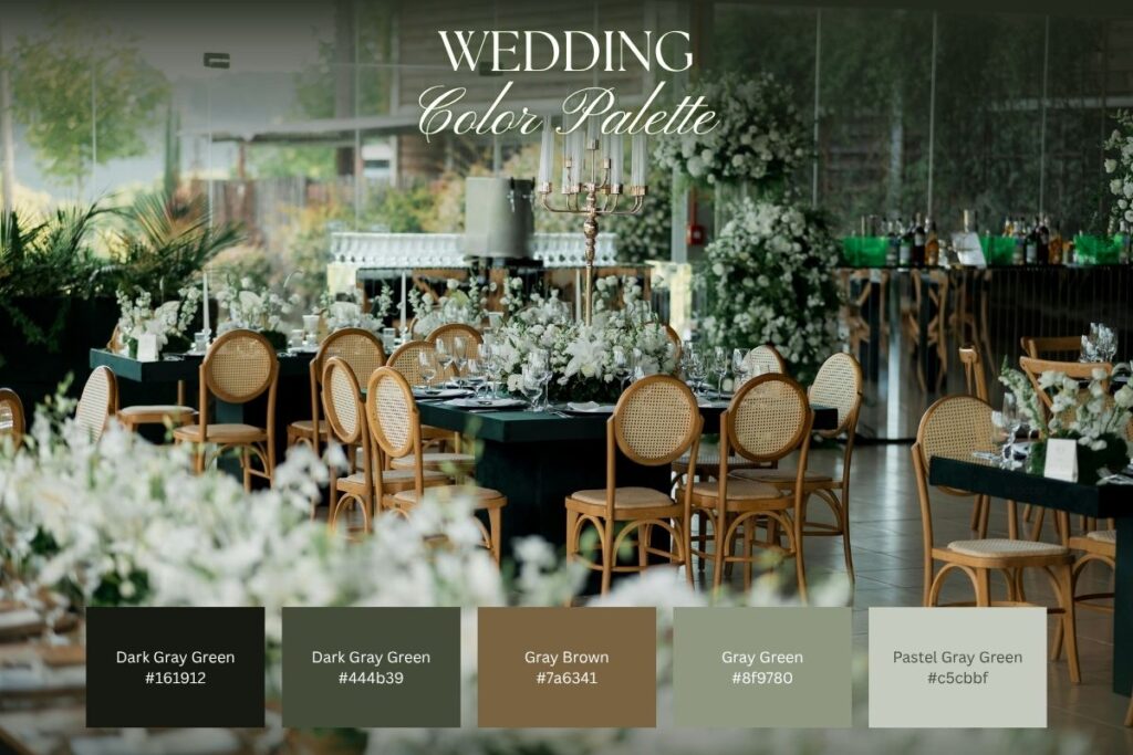 Elegant wedding reception setup with dark green tablecloths, white floral arrangements, gold candelabras, and natural-toned chairs, paired with a refined wedding color palette swatches in gray-green and brown hues.