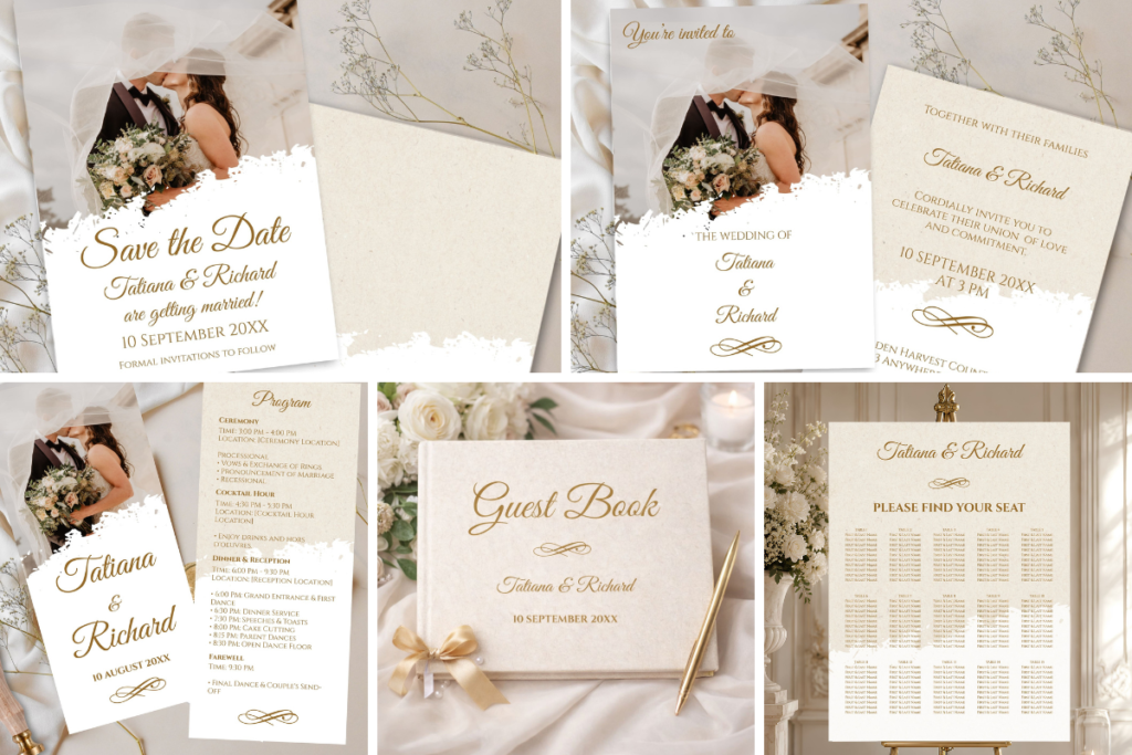 Coordinated wedding stationery set in cream and gold featuring Save the Date, invitation, program, guest book, and seating chart for Tatiana and Richard, with floral accents and romantic couple photo.