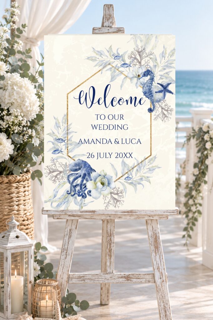 Rustic easel displaying a coastal-themed wedding welcome sign with seahorse, octopus, starfish, coral, and floral illustrations, cream background with gold frame, set at seaside venue for Amanda and Luca’s wedding.